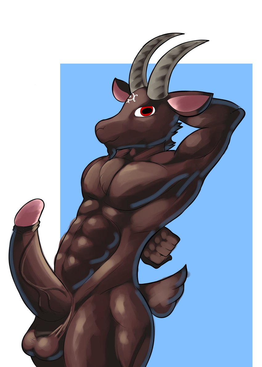 anthro balls big_penis bovid_horn brown_body brown_fur caprine_horn erect_tail erection facial_hair fur genitals goatee horizontal_pupils horn looking_at_viewer male mature_anthro mature_male muscular muscular_male nude penis pointy_ears prick_ears pupils red_eyes simple_background smile solo tail vein veiny_penis pagliaccci55 baphomet_(deity) bovid caprine caprine_demon deity demon goat goat_demon mammal absurd_res hi_res source_request