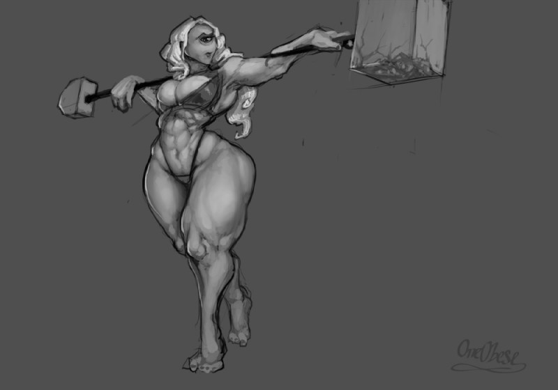 abs big_breasts breasts clothing female hair hammer long_hair maul muscular muscular_female muscular_humanoid navel not_furry solo swimwear tools weapon wide_hips oneobese cyclops humanoid 2014 greyscale monochrome