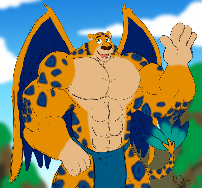 abs anthro big_muscles blue_body blue_feathers blue_fur blue_spots bottomwear clothed clothing cloud fangs feathered_wings feathers fur huge_muscles loincloth male markings muscular muscular_anthro muscular_male raised_hand sky smile solo spots spotted_body spotted_fur teeth wings yellow_body yellow_fur caseyljones disney elena_of_avalor skylar_(elena_of_avalor) felid jaquin mammal