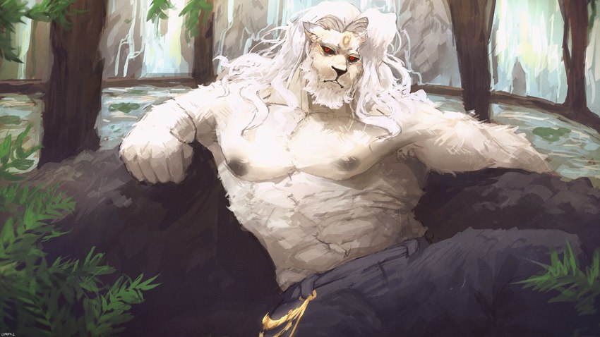 anthro black_sclera bottomwear clothed clothing fur long_mane male mane muscular muscular_male nipples pants reclining_pose red_eyes solo topless white_body white_fur white_mane dreff dislyte lilith_games javid_(dislyte) felid lion mammal pantherine 16:9 4k absurd_res hi_res widescreen