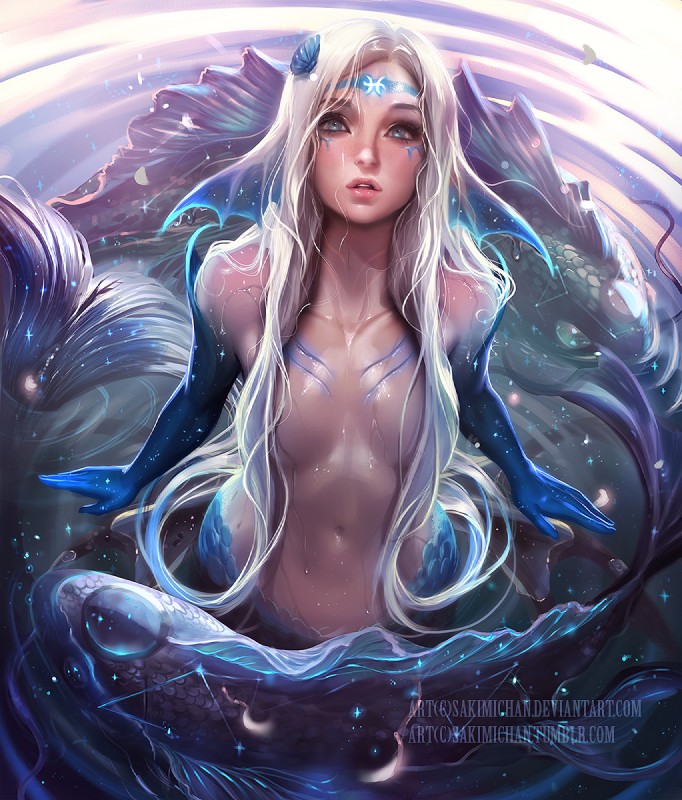 astrological_symbol blonde_hair blue_body blue_eyes blue_scales bodypaint clothed clothing constellation convenient_censorship face_paint female fin gills hair hair_covering_breasts head_fin looking_up nude personification pisces_(symbol) scales seashell shell solo split_form symbol topless water western_zodiac_symbol sakimichan western_zodiac pisces_(zodiac) fish humanoid marine merfolk hi_res