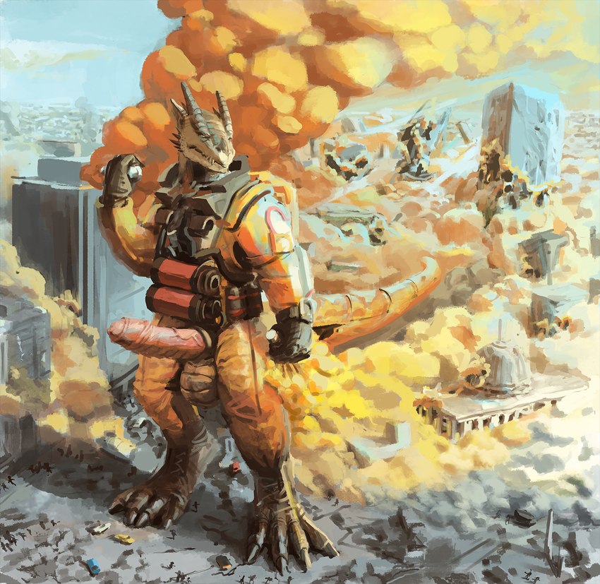 4_claws 4_fingers 4_toes anthro balls biceps biped brown_gas building building_destruction car cbrn chemicals city city_background city_destruction cityscape claws clothed clothing crush destruction erection explosives extreme_size_difference feet finger_claws fingers gas gas_cloud gas_mask genitals gloves grenade handwear humanoid_genitalia humanoid_penis landscape_dwarfing macro macro_anthro macro_male male mask melting muscular muscular_anthro muscular_male outside paws penis rampage scaled_penis size_difference sky solo suit tail teeth toes vehicle vehicle_destruction vein veiny_penis weapon blackestmanamultis mythology brutus_(pyronite) dragon mythological_creature mythological_scalie scalie hi_res