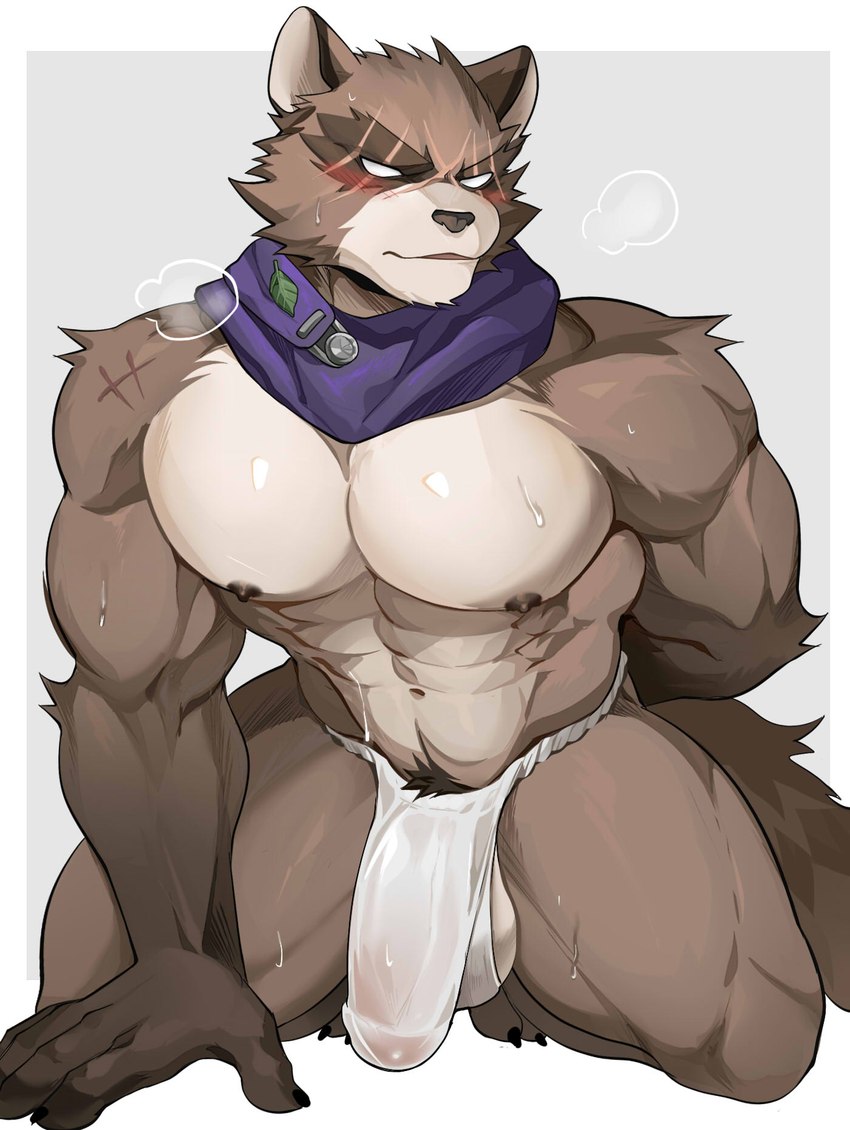 anthro balls blush bodily_fluids bulge genitals looking_at_viewer male muscular muscular_anthro muscular_male solo sweat sweatdrop chung0_0 epic_games fortnite hajime_(fortnite) canid canine mammal raccoon_dog tanuki 2025 hi_res