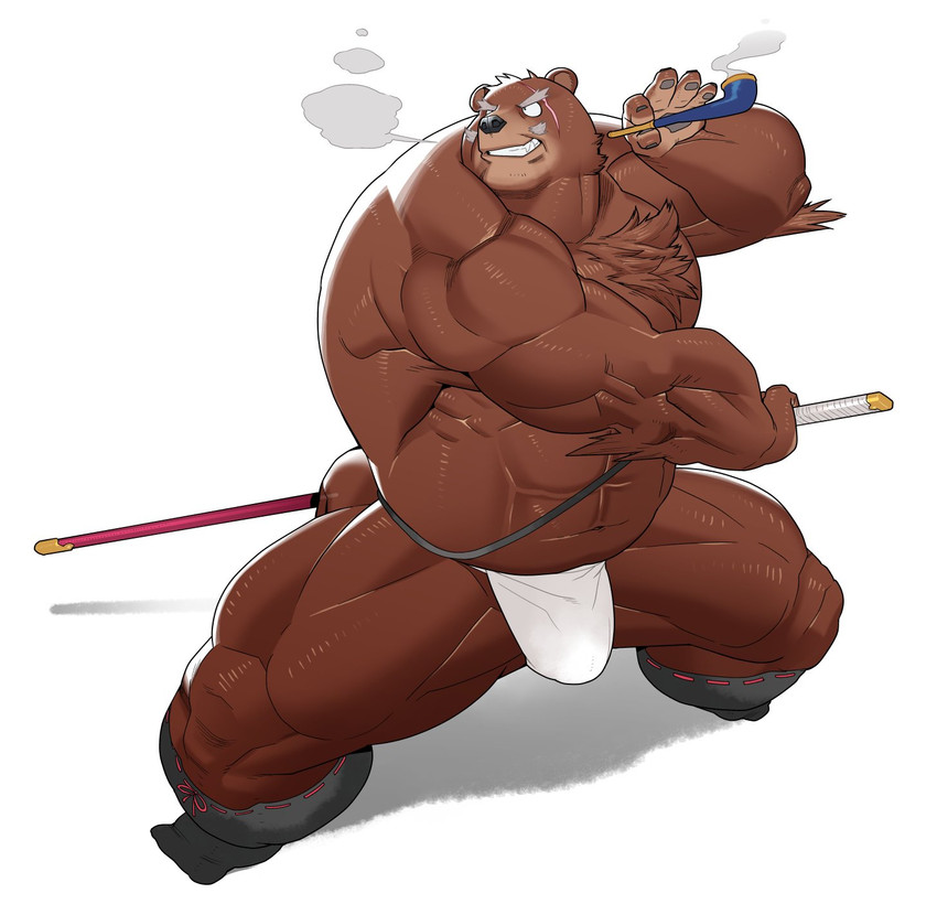 anthro barazoku brown_body brown_fur fur humanoid_hands kemono male muscular muscular_anthro muscular_male simple_background solo weapon white_background kira_nerisu bear mammal 2020 hi_res