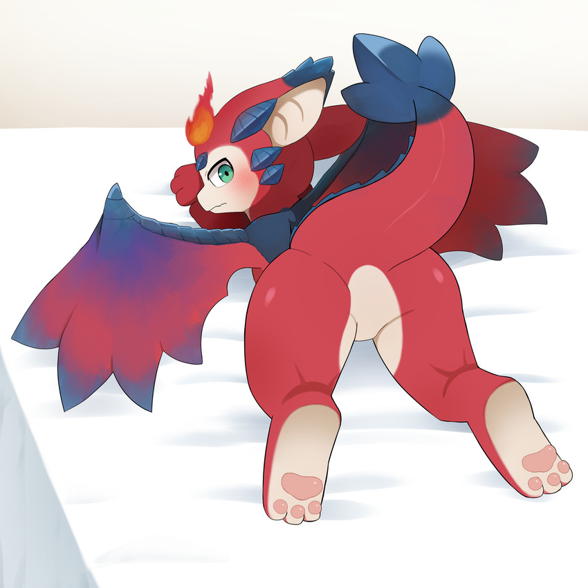 blue_body blue_ears blue_eyebrows blue_scales blue_wings blush butt eyebrows featureless_crotch feet looking_at_viewer looking_back looking_back_at_viewer null pawpads pink_pawpads raised_tail rear_view red_butt red_ears red_tail scales soles tail tapering_tail thick_tail wings young sum league_of_legends mythology riot_games tencent smolder_(lol) dragon mythological_creature mythological_scalie scalie 1:1 absurd_res hi_res