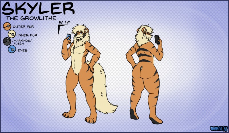 anthro anthrofied blue_border border butt cellphone electronics male nude phone pokemorph pose smartphone solo text araidian nintendo pokemon skyler_(lukario) generation_1_pokemon growlithe pokemon_(species) 2018 english_text hi_res model_sheet