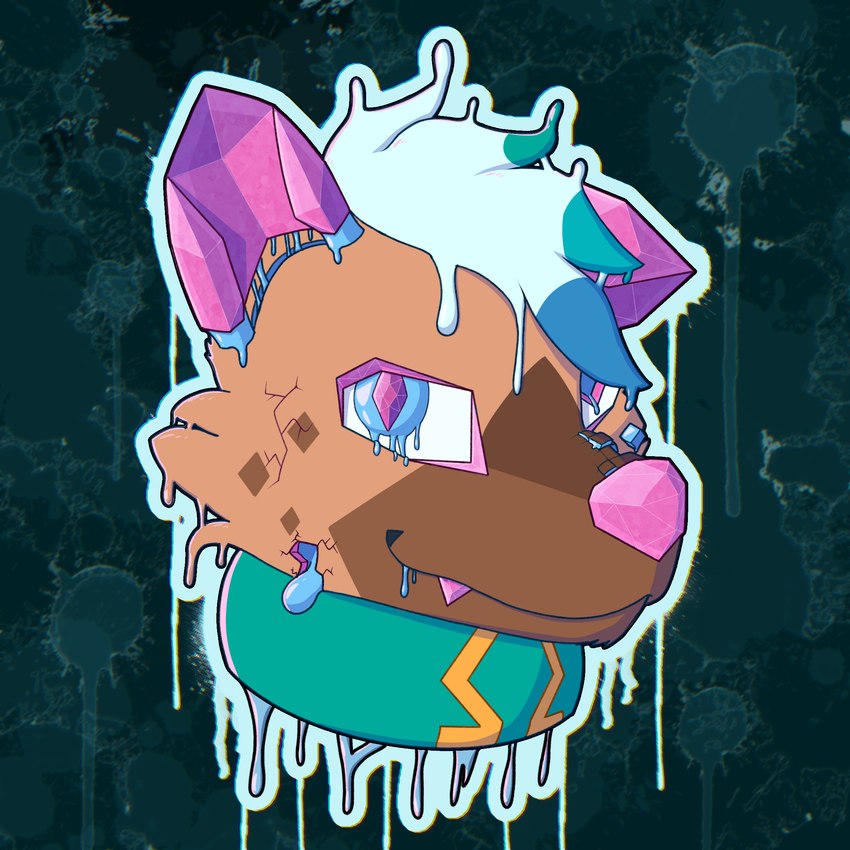 candy_gore collar cracks crystal dripping fangs gore looking_at_viewer looking_up looking_up_at_viewer male omega_symbol slime smile solo teeth natonesave hyena mammal 1:1 2023 colorful_theme digital_drawing_(artwork) digital_media_(artwork) headshot_portrait hi_res icon portrait