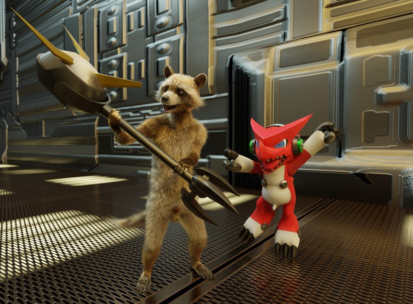 angry anthro duo flaccid foreskin genitals holding_object male melee_weapon penis science_fiction unretracted_foreskin weapon rockyrcoon tribaldragon bandai_namco digimon guardians_of_the_galaxy marvel rocket_raccoon digimon_(species) mammal procyonid raccoon shoutmon 3d_(artwork) absurd_res digital_media_(artwork) hi_res