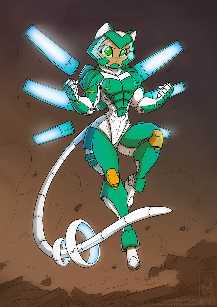 anthro armor female flying fur glowing green_eyes headgear helmet machine power_armor simple_background solo tan_body tan_fur conditional_dnp jollyjack sequential_art kat_vance domestic_cat felid feline felis mammal 2020 hi_res