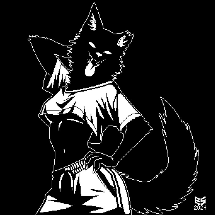 anthro black_background black_body black_fur black_shading bottomwear breasts claws clothing crop_top curvy_figure fangs female finger_claws fingers fluffy fluffy_tail fur hand_behind_head hand_on_hip head_tuft inner_ear_fluff looking_at_viewer midriff monotone_background navel notched_ear open_mouth outline pants raised_arm shirt simple_background smile smiling_at_viewer solo sweatpants tail teeth tongue tongue_out topwear tuft under_boob white_bottomwear white_clothing white_eyes white_fangs white_inner_ear_fluff white_nose white_outline white_tongue white_topwear ezeeshady canid canine canis mammal wolf 1:1 2024 black_and_white digital_media_(artwork) monochrome pixel_(artwork) signature