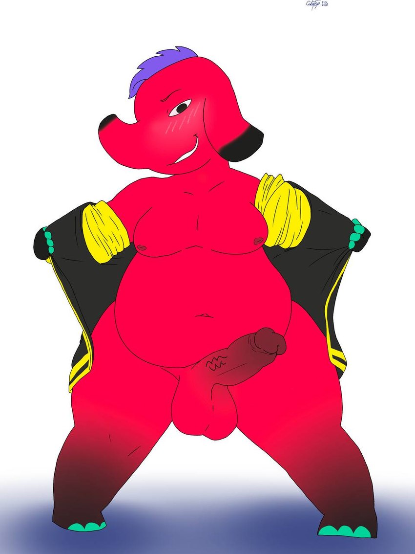 anthro balls blush clothing erection fur genitals hair looking_at_viewer male nipples overweight overweight_male penis proboscis_(anatomy) purple_hair red_body simple_background smile solo topwear trunk_(anatomy) cake_top animal_crossing nintendo cyd_(animal_crossing) elephant elephantid mammal proboscidean 3:4 digital_media_(artwork) hi_res