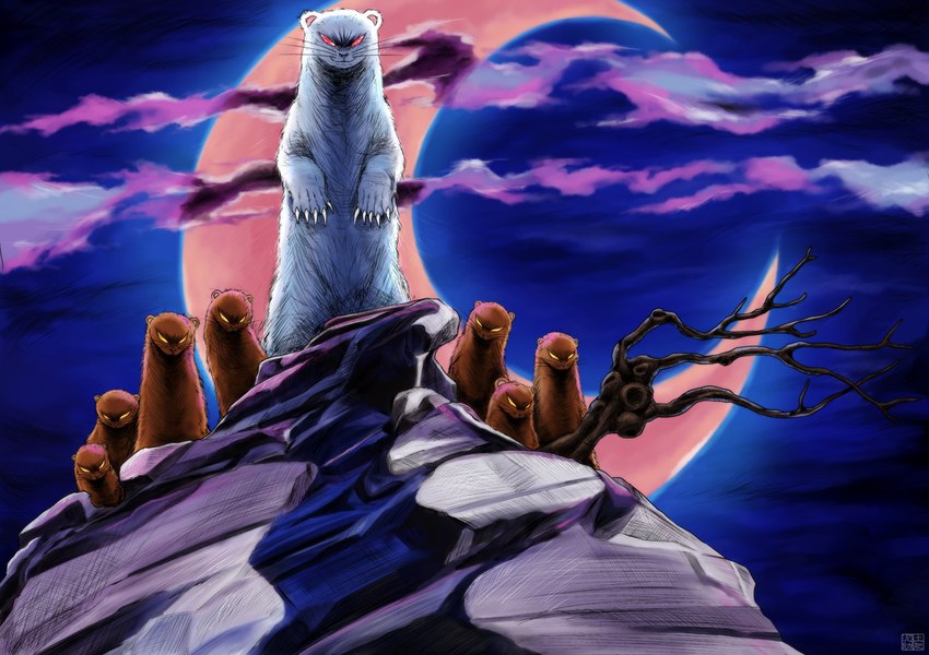 biped brown_body brown_fur detailed_background feral fur group moon night outside white_body white_fur pixiv_id_26036041 gamba_no_bouken gamba_no_bouken_(series) noroi mammal mustelid musteline true_musteline weasel 2021