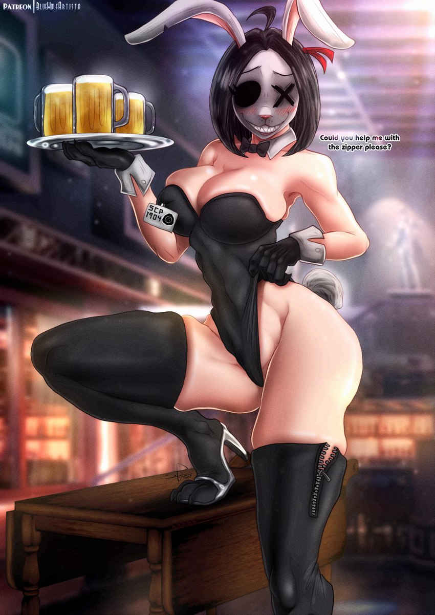 5_claws 5_fingers 5_toes accessory ahoge alcohol asking asking_for_help asking_viewer athletic athletic_female athletic_humanoid bare_shoulders beer beer_mug beverage big_breasts black_bow_tie black_clothing black_eyes black_legwear black_leotard black_thigh_highs blurred_background blush blush_lines bow_collar bow_ribbon bow_tie breasts claws cleavage cleavage_overflow clothed clothing clothing_pull costume cotton_tail cuffs_(clothing) detailed_background dialogue empty_eyes feet female female_humanoid finger_claws fingers floppy_ears footwear for_a_head furniture glistening glistening_breasts grey_highlights hair hair_accessory hair_bow hair_ribbon high_heels highlights_(coloring) legwear leotard light_body light_skin lipstick logo looking_at_viewer makeup missing_eye name_tag navel_outline notched_ear pink_inner_ear pink_lipstick pink_nose rabbit_ears raised_leg red_blush red_bow ribbons server serving_tray sharp_teeth shoes skimpy skindentation solo step_pose strapless_clothing strapless_leotard table tail teeth text thick_thighs thigh_highs toe_claws toeless_footwear toes tugging_clothing waiter white_ears white_face white_head white_tail wood wood_furniture wood_table x_eyes zipper bluewolfartista pitch_haven scp_foundation scp-1903 animal_head animal_humanoid humanoid lagomorph lagomorph_humanoid leporid leporid_humanoid mammal mammal_humanoid rabbit rabbit_humanoid 2022 artist_name better_version_at_source colored digital_media_(artwork) digital_painting_(artwork) english_description english_text hi_res shaded signature