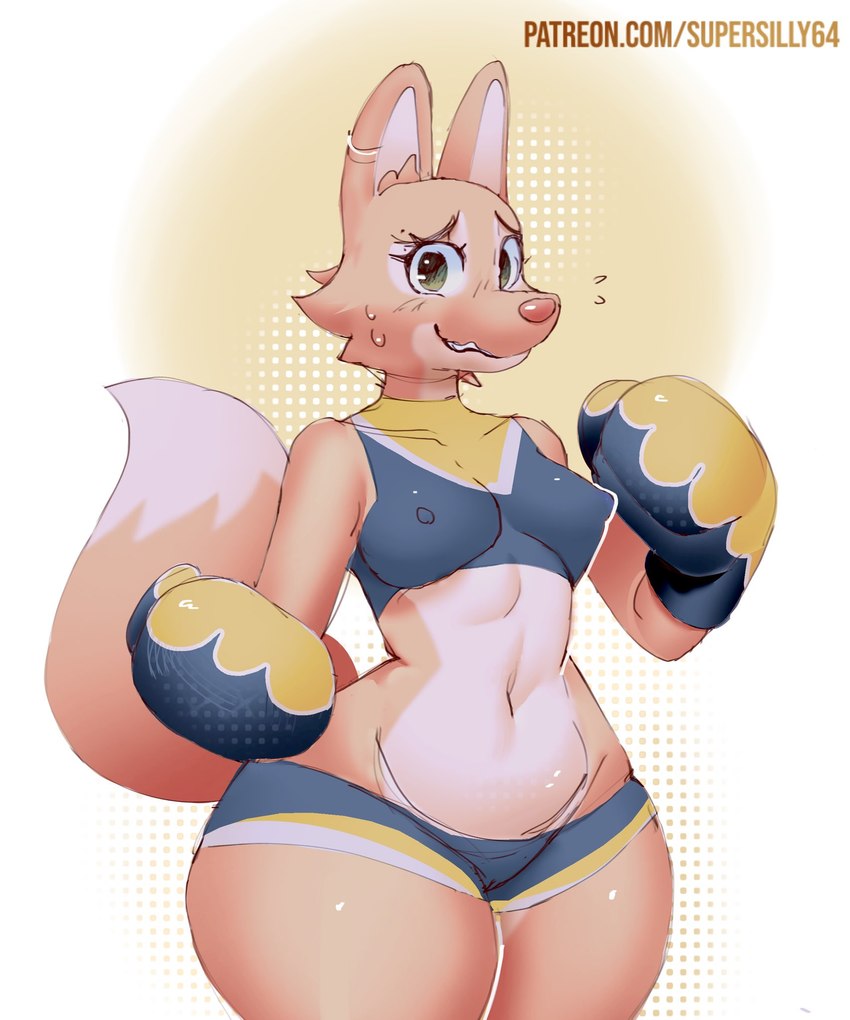 anthro athletic bodily_fluids boxing_attire boxing_gloves camel_toe clothing ear_piercing ear_ring eyebrow_piercing facial_piercing female fur green_eyes handwear multicolored_body multicolored_fur nipple_outline patreon_username piercing ring_piercing simple_background solo standing sweat sweatdrop tail text thick_thighs two_tone_body two_tone_fur supersilly64 dreamworks the_bad_guys diane_foxington canid canine fox mammal artist_name hi_res
