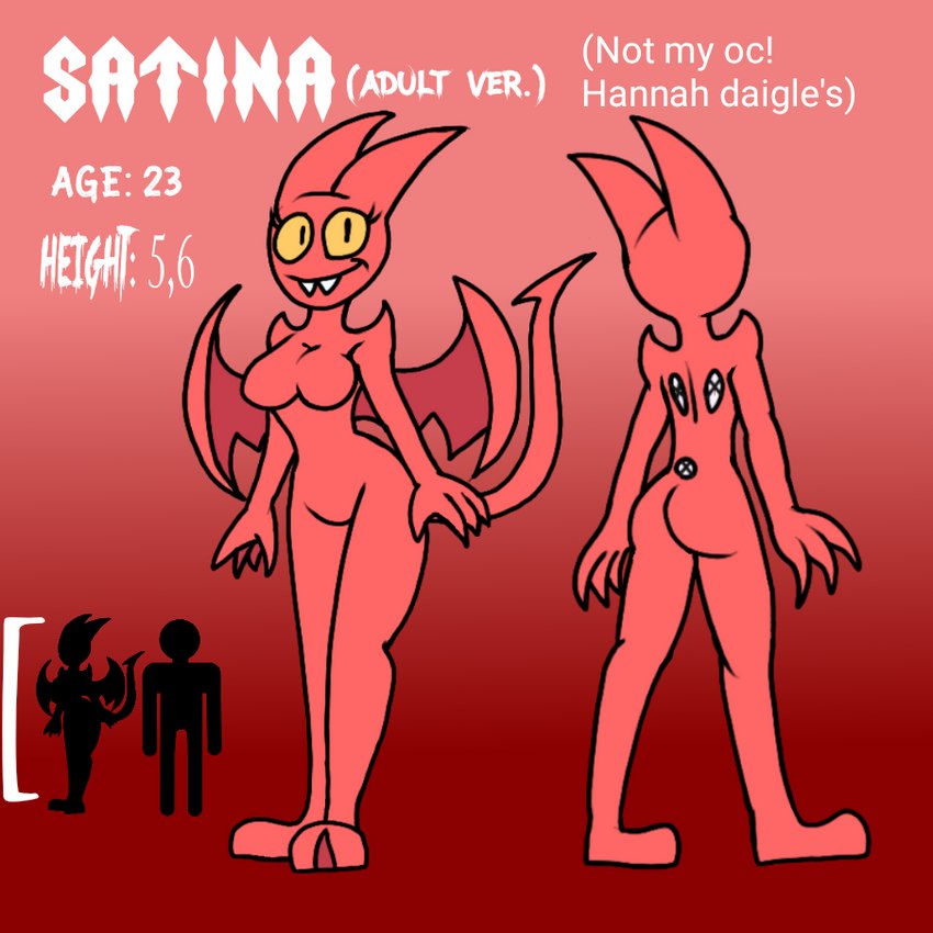 aged_up female happy horn nude nude_female pink_body pink_skin smile smiling_at_viewer solo spade_tail tail wings yellow_sclera hallowsjojo2000 satina_wants_a_glass_of_water satina demon 1:1 model_sheet