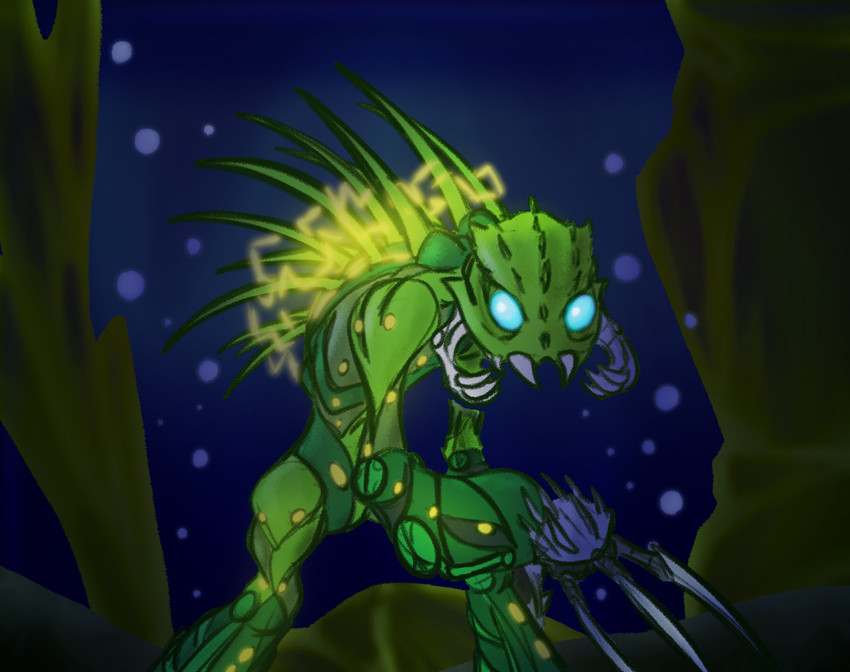 3_fingers air_bubble ambiguous_gender anthro armor back_spikes biped blue_eyes bubble claws electricity fingers green_body green_skin head_spikes long_claws looking_at_viewer machine mandibles melee_weapon sharp_teeth simple_background solo spikes spikes_(anatomy) standing teeth underwater water weapon deterex525 bionicle lego ehlek arthropod barraki insect marine robot digital_drawing_(artwork) digital_media_(artwork) hi_res