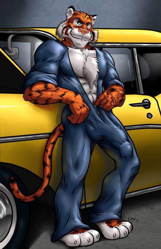 abs anthro balls barefoot biceps big_balls big_penis biped bulge car chest_tuft clothed clothing coveralls detailed_bulge erection erection_under_clothing feet fur genital_outline genitals grin huge_balls huge_penis looking_at_viewer male mechanic motor_vehicle muscular muscular_anthro muscular_male open_coveralls pecs penis penis_outline pose smile solo tuft undressing unzipped vehicle vintage_car zipper clamories esso esso_tiger felid mammal pantherine tiger hi_res