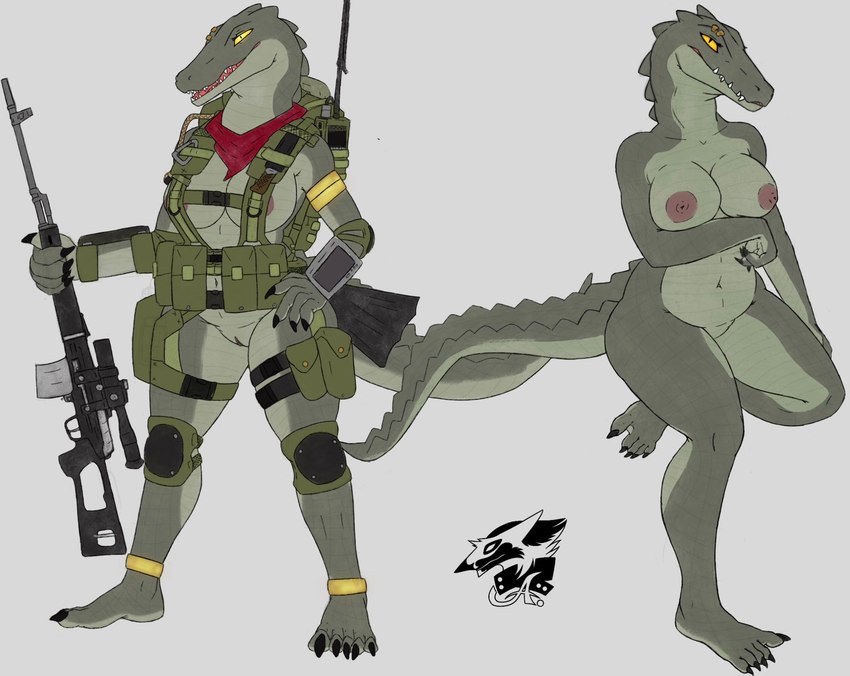 anthro backpack breasts clothed clothing female genitals gun kerchief knee_pads multiple_poses neckerchief neckwear nipples nude plantigrade pose pouches pussy ranged_weapon rifle simple_background skimpy sniper_rifle solo standing svd weapon derpwolfy18971 tanah_(derpwolfy18971) crocodile crocodilian reptile scalie hi_res