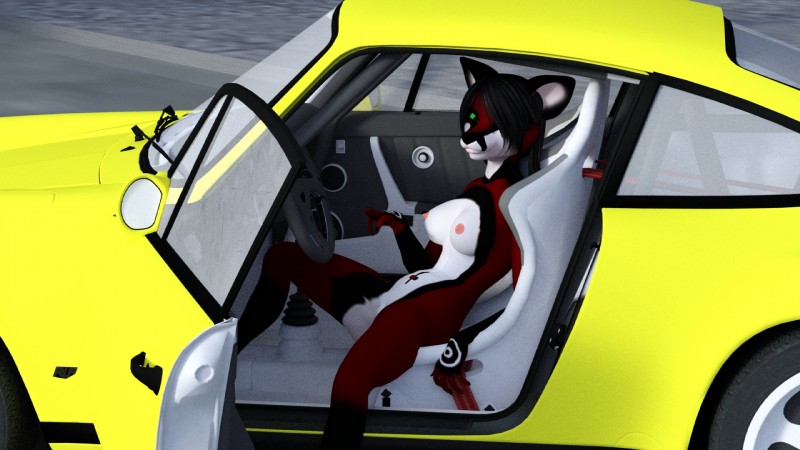 anthro breasts car female inside_car inside_vehicle manual_transmission nipples nude smile solo vehicle littlefisky porsche alien_fox canid canine fox mammal 16:9 3d_(artwork) digital_media_(artwork) hi_res widescreen