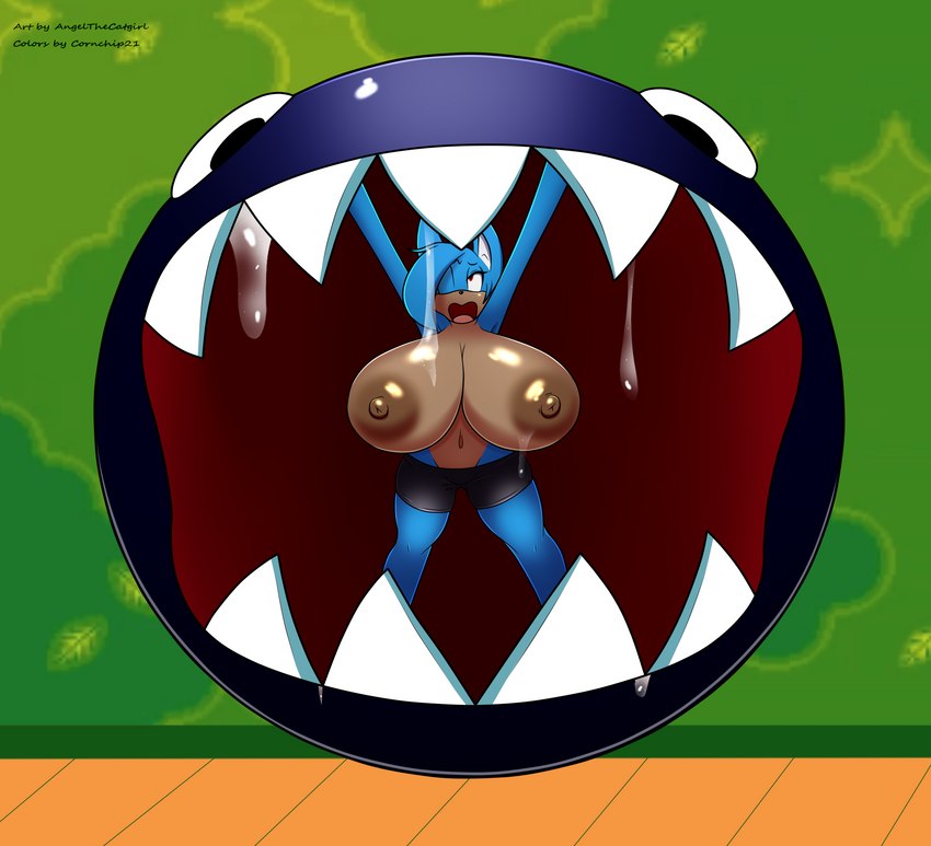 ambiguous_gender anthro areola big_breasts black_body black_eyes blue_hair bodily_fluids bottomwear breasts brown_nipples clothed clothing duo female female_prey hair holding_mouth huge_breasts hyper hyper_breasts multicolored_body navel nipples one_eye_closed open_mouth partially_inside red_eyes saliva sharp_teeth shorts teeth topless two_tone_body vore angelthecatgirl cornchip21 mario_bros nintendo skye_(angelthecatgirl) canid canine canis chain_chomp domestic_dog mammal hi_res