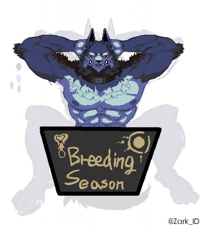 anthro collar male muscular muscular_anthro muscular_male raised_arm sitting solo zark breeding_season canid canine canis dickwolf mammal wolf aliasing digital_media_(artwork) hi_res oekaki