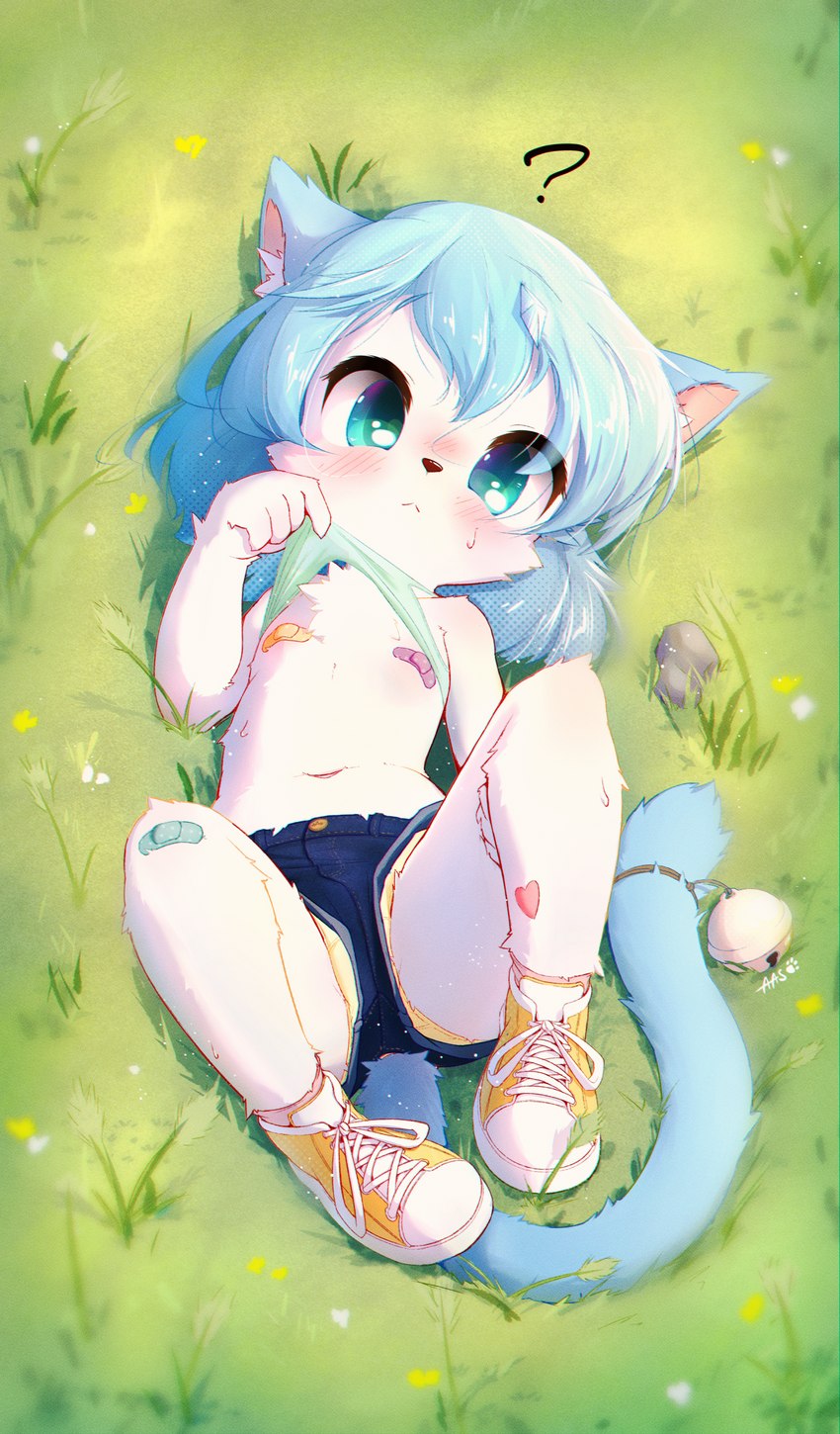 accessory anthro band-aid band-aid_on_knee band-aid_on_leg band-aid_on_nipple bandage bell biped blue_hair blush blush_lines bottomwear catnip clothing drugs female fingers fur furgonomics grass hair inner_ear_fluff loli panties plant question_mark shorts solo tail tail_accessory tail_bell tuft underwear upshorts white_body white_fur yellow_clothing yellow_panties yellow_underwear young young_anthro young_female aas domestic_cat felid feline felis mammal absurd_res hi_res