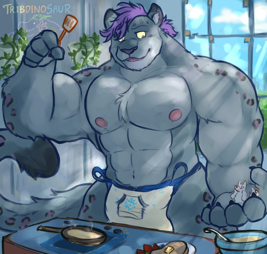 apron apron_only barazoku blush blush_lines chest_tuft clothing cooking detailed_background dipstick_tail extreme_size_difference food grey_body hair holding_micro holding_object houseplant logo male markings micro muscular muscular_male pancake pecs purple_hair size_difference spots spotted_body stovetop tail tail_markings tuft tribdinosaur ja'aran_(sona) felid mammal pantherine snow_leopard artist_logo artist_name hi_res signature