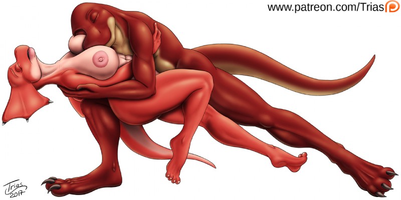 anthro belly big_belly big_breasts big_butt breasts butt claws dancing duo female male nipples non-mammal_breasts non-mammal_nipples nude overweight patreon_logo red_body simple_background tail text toe_claws wide_hipped_female wide_hips trias dinosaurs_inc. patreon jack_the_t-rex_(trias) venus_(trias) ceratopsian dinosaur hybrid ornithischian prehistoric_species protoceratops reptile scalie theropod triceratops tyrannosaurid tyrannosauroid tyrannosaurus tyrannosaurus_rex 2017 2:1 url