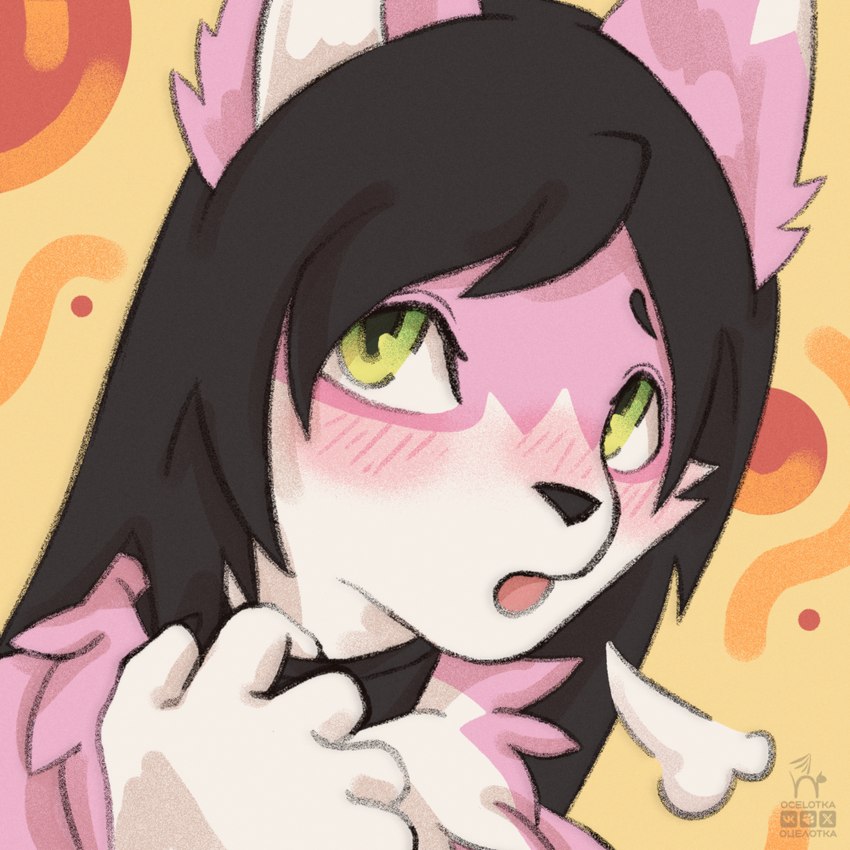 ambiguous_gender anthro biped black_hair black_nose fur green_eyes hair inner_ear_fluff pink_body pink_fur shy_expression solo tuft locelotkal norii canid canine fox mammal 1:1 portrait