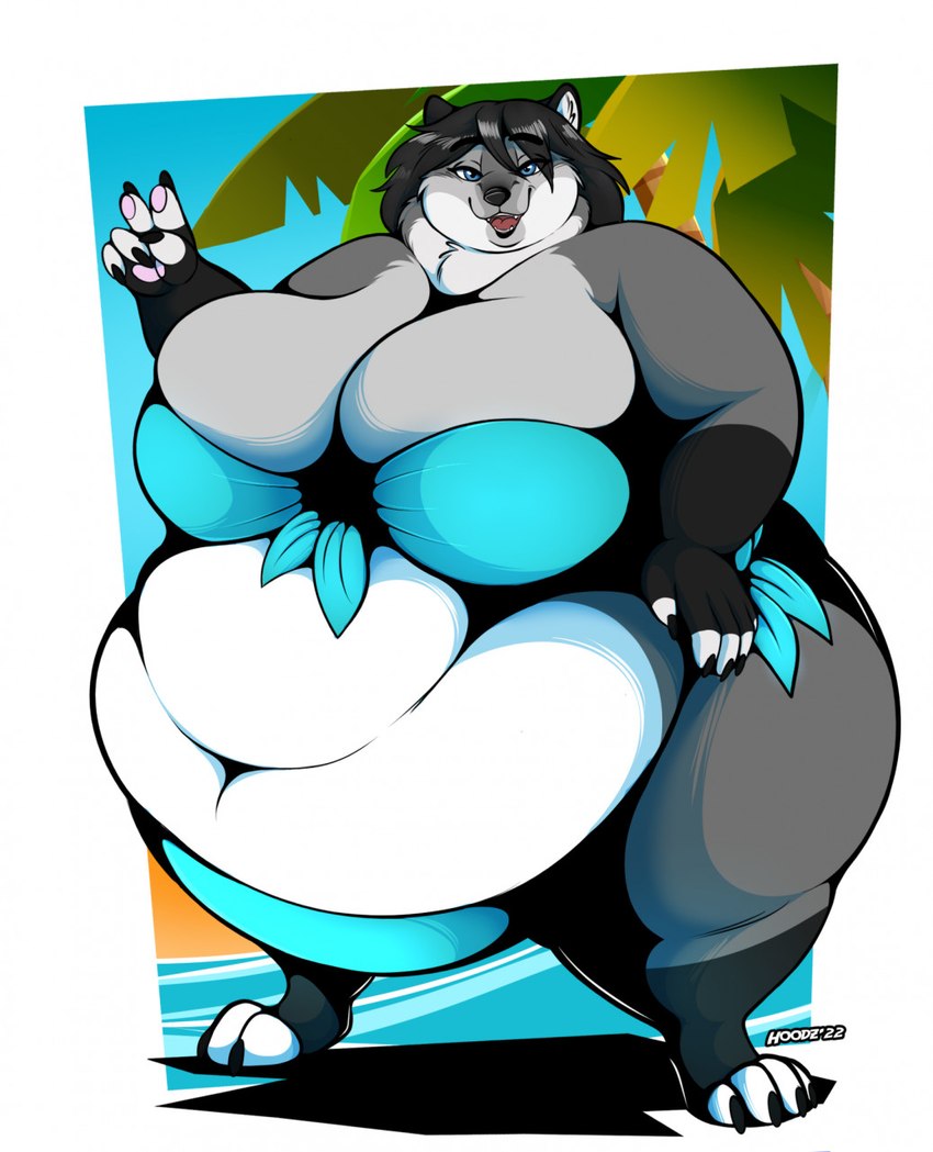 anthro beach belly big_belly bikini bikini_bottom bikini_top black_body black_claws black_fur black_hair blue_clothing blue_eyes border cheek_bulge claws clothed clothing curvy_figure deep_navel digitigrade ears_up female finger_claws fully_clothed fur grey_body grey_fur hair handpads huge_belly huge_thighs light looking_at_viewer monotone_hair morbidly_obese morbidly_obese_female multicolored_body multicolored_fur navel neck_tuft obese obese_anthro obese_female open_mouth overweight overweight_anthro overweight_female pawpads pink_pawpads seaside solo standing swimwear thick_arms thick_neck thick_thighs toe_claws tuft two-piece_swimsuit white_belly white_body white_border white_fur wide_hips hoodee alicia_(biglovealicia) canid canine canis mammal wolf 2022 cel_shading full-length_portrait hi_res lighting portrait shaded