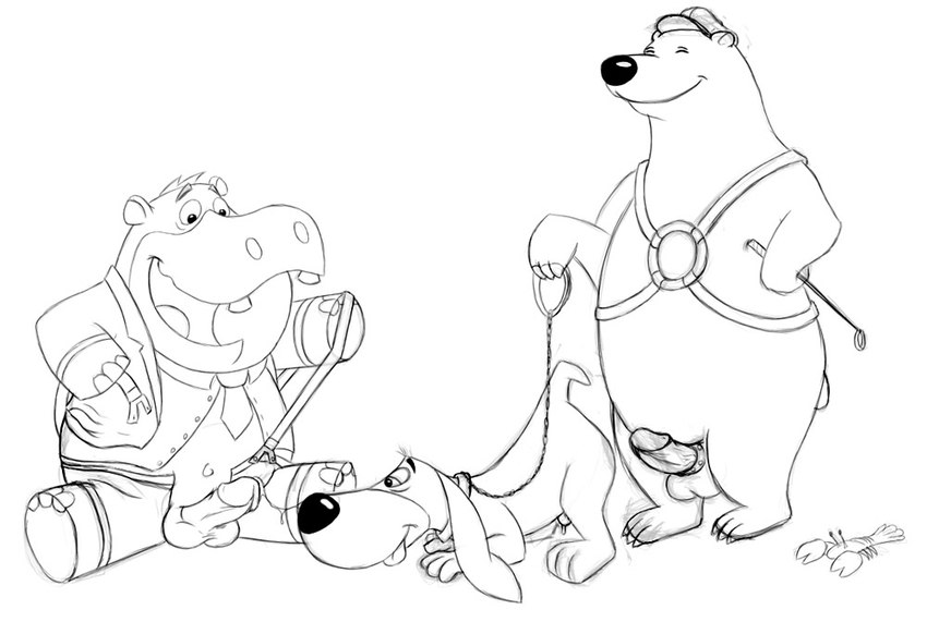 anthro balls collar domestic_pet erection eyes_closed genitals group harness leash male male/male necktie penis sitting slightly_chubby sdawg augie_doggie_and_doggie_daddy hanna-barbera the_peter_potamus_show doggie_daddy peter_potamus bear canid canine canis common_hippopotamus domestic_dog hippopotamid mammal 2008 monochrome sketch