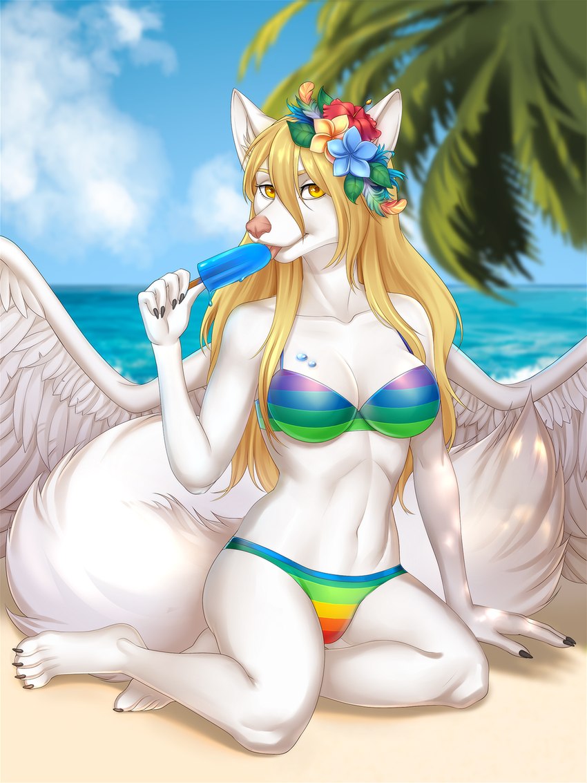 accessory anthro bikini blonde_hair clothing female flower flower_in_hair food hair hair_accessory looking_at_viewer plant solo swimwear two-piece_swimsuit white_body wings littlemomoko canid canine fox mammal 3:4 hi_res