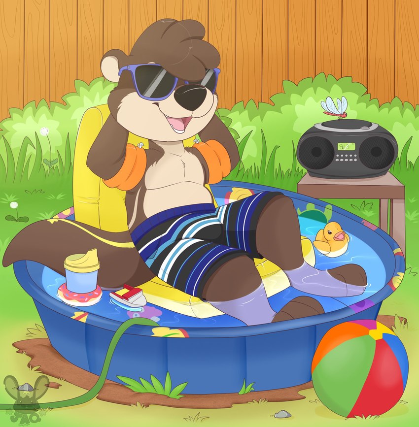 anthro ball bath_toy beach_ball black_nose blue_eyewear blue_glasses bottomwear brown_body brown_fur brown_hair clothed clothing dandelion day donut_pool_toy drink_float duo electronics eyewear floatie flotation_device flower food_pool_toy front_view fur furniture garden glasses glistening glistening_nose grass green_body green_fur green_tail hair hands_behind_head inflatable inflatable_chair inflatable_pool inflatable_ride inflatable_support kiddie_pool leaning leaning_backward logo male on_pool_toy open_mouth open_smile outside partially_clothed pink_tongue plant pool_toy radio rubber_duck shrub sitting sitting_on_pool_toy smile sunglasses swimming_pool swimwear table tail tan_body tan_fur tan_inner_ear teeth tongue topless toy toy_boat toy_vehicle toy_watercraft unusual_anatomy unusual_wings water water_wings wings young young_anthro heyitsjaq ambient_arthropod ambient_dragonfly ambient_insect arthropod inanimate_object insect mammal mustelid otter artist_logo hi_res