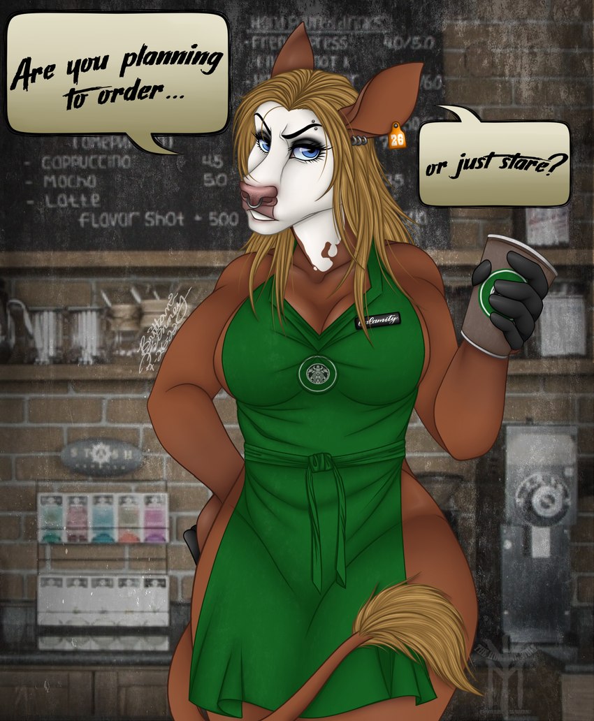 anthro barista bean beverage caffeine coffee container cup dialogue ear_piercing ear_ring ear_tag eyebrow_piercing facial_piercing female holding_container holding_cup holding_object humor milk nose_piercing nose_ring piercing ring_piercing septum_piercing septum_ring solo speech_bubble text thehuntingwolf i_mean_breast_milk starbucks calamity bovid bovine cattle mammal english_text hi_res meme portrait three-quarter_portrait