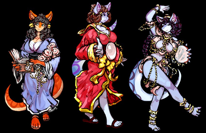 anthro breasts clothing dancing fantasy feet female footwear group jewelry lens robe sandals shoes trio cycadaacolyte f.m.merill amphibian humanoid newt pompetune salamander scalie absurd_res alpha_channel hi_res