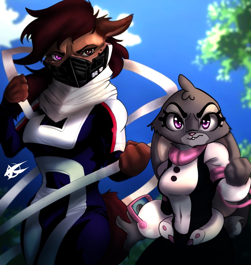 anthro breasts buckteeth clothing cosplay crossover_cosplay duo female fighting_pose glowing glowing_eyes heterochromia light looking_at_viewer mask outside pose purple_eyes scarf sunlight superhero teeth tight_clothing jaff96 disney my_hero_academia zootopia helena_(bonk6) hitoshi_shinso judy_hopps ochaco_uraraka hyena lagomorph leporid mammal rabbit spotted_hyena absurd_res crossover hi_res