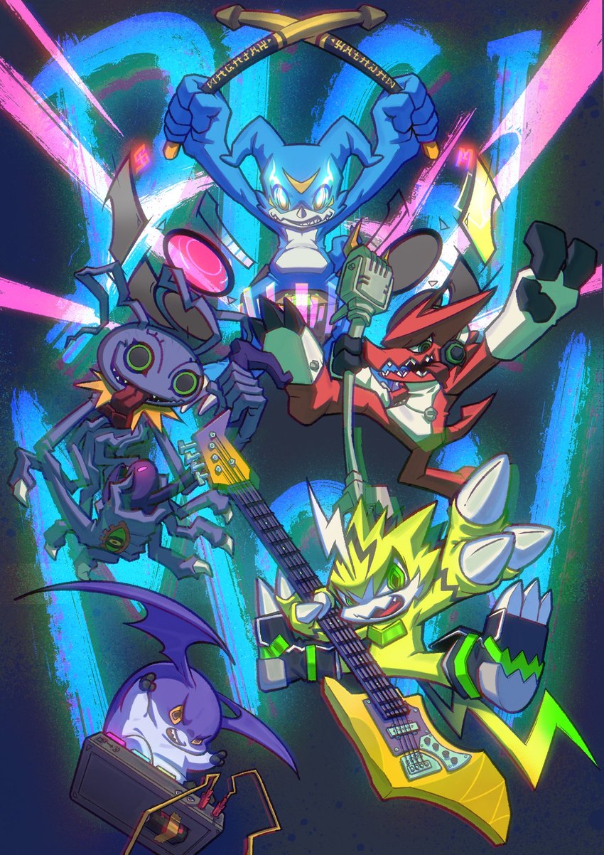 anthro band blue_body drum drumming drumming_stick electronics feral group guitar male microphone musical_instrument percussion_instrument percussion_mallet plucked_string_instrument red_body string_instrument wings yellow_body musisando bandai_namco digimon digimon_(species) keramon pulsemon shoutmon tsukaimon veemon hi_res