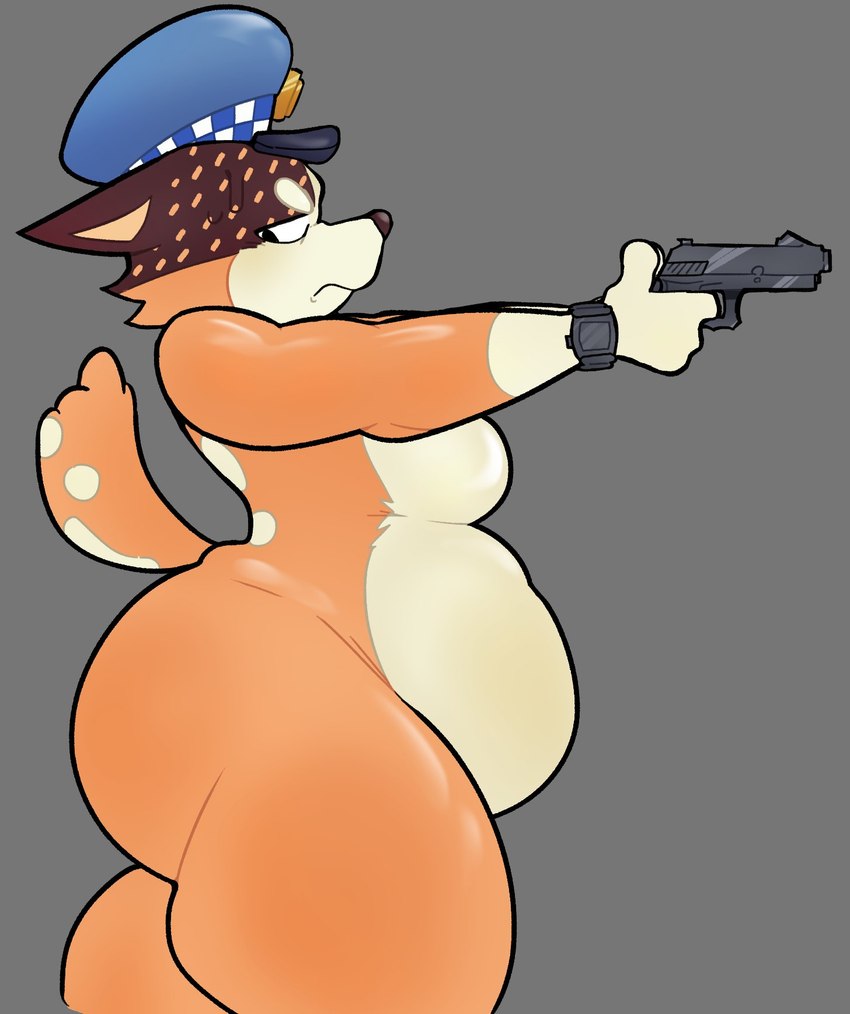 4_fingers anthro belly big_belly big_breasts big_butt biped black_eyes black_nose breasts brown_body brown_ears brown_fur butt cheek_tuft closed_frown clothing extended_arms eyebrows facial_tuft featureless_breasts female fingers frown fur fur_tuft glistening glistening_arms glistening_belly glistening_body glistening_breasts glistening_fur glistening_legs glistening_nose glistening_thighs gloves_(marking) grey_background grumpy gun hat hat_only headgear headgear_only headwear headwear_only holding_gun holding_object holding_ranged_weapon holding_weapon huge_butt huge_thighs humanoid_hands iris light_body light_fur looking_back markings mature_anthro mature_female monotone_background mostly_nude mostly_nude_anthro mostly_nude_female mouth_closed multicolored_body multicolored_face multicolored_fur narrowed_eyes no_pupils orange_body orange_fur orange_spots orange_tail overweight overweight_anthro overweight_female pointy_ears police police_hat police_hat_only pose prick_ears ranged_weapon side_view simple_background snout solo spots spotted_back spotted_body spotted_face spotted_fur spotted_markings spotted_tail standing tail tail_markings tan_inner_ear thick_eyebrows thick_thighs tuft two_tone_tail weapon white_body white_breasts white_eyebrows white_fur white_markings white_spots white_tail wide_hipped_anthro wide_hipped_female wide_hips awakecore bluey_(series) chilli_heeler australian_cattle_dog canid canine canis cattledog domestic_dog herding_dog mammal pastoral_dog 2025 digital_drawing_(artwork) digital_media_(artwork) hi_res portrait three-quarter_portrait