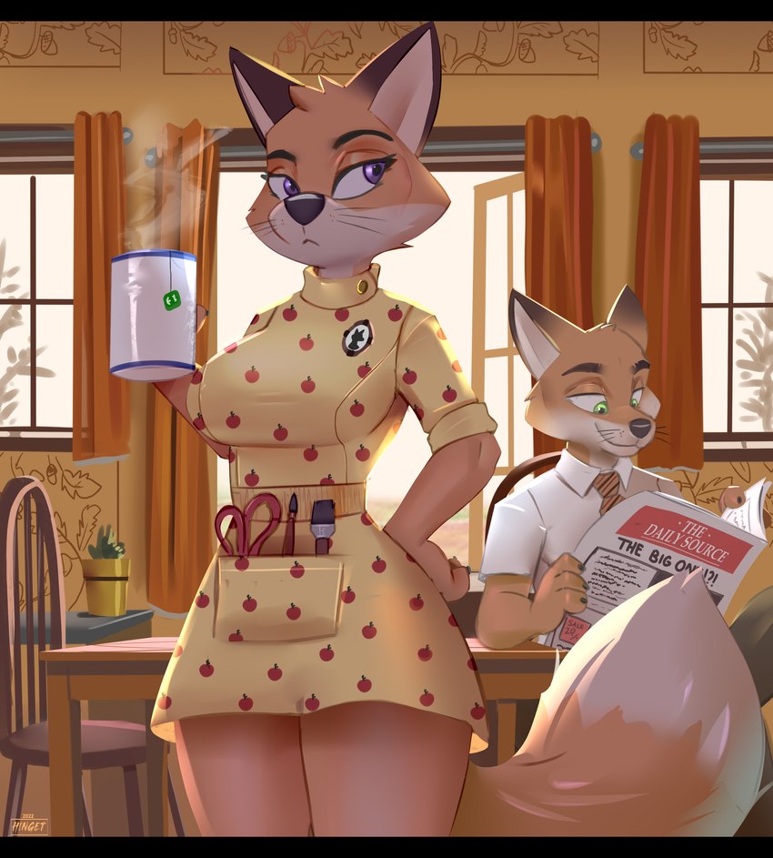 anthro beverage black_bars bottomwear breasts chair clothing container cup curvy_figure duo female fur furniture hourglass_figure husband_and_wife inside male married_couple necktie newspaper pants plant reading sitting smile suit table tea hinget fantastic_mr._fox mr._fox_(fantastic_mr._fox) mrs._felicity_fox canid canine fox mammal red_fox true_fox 2022 absurd_res hi_res widescreen