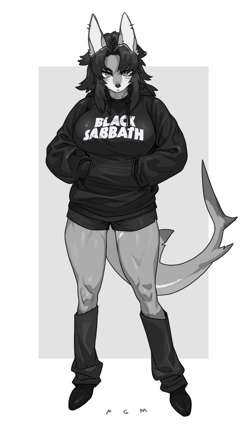 anthro bottomwear breasts clothing ear_piercing ear_ring eyebrows female hair hands_in_both_pockets hoodie looking_at_viewer piercing ring_piercing shorts solo topwear pgm300 black_sabbath anchovy_(cursedanchovy) canid canine canis fish hybrid mammal marine shark wolf 2024 absurd_res hi_res