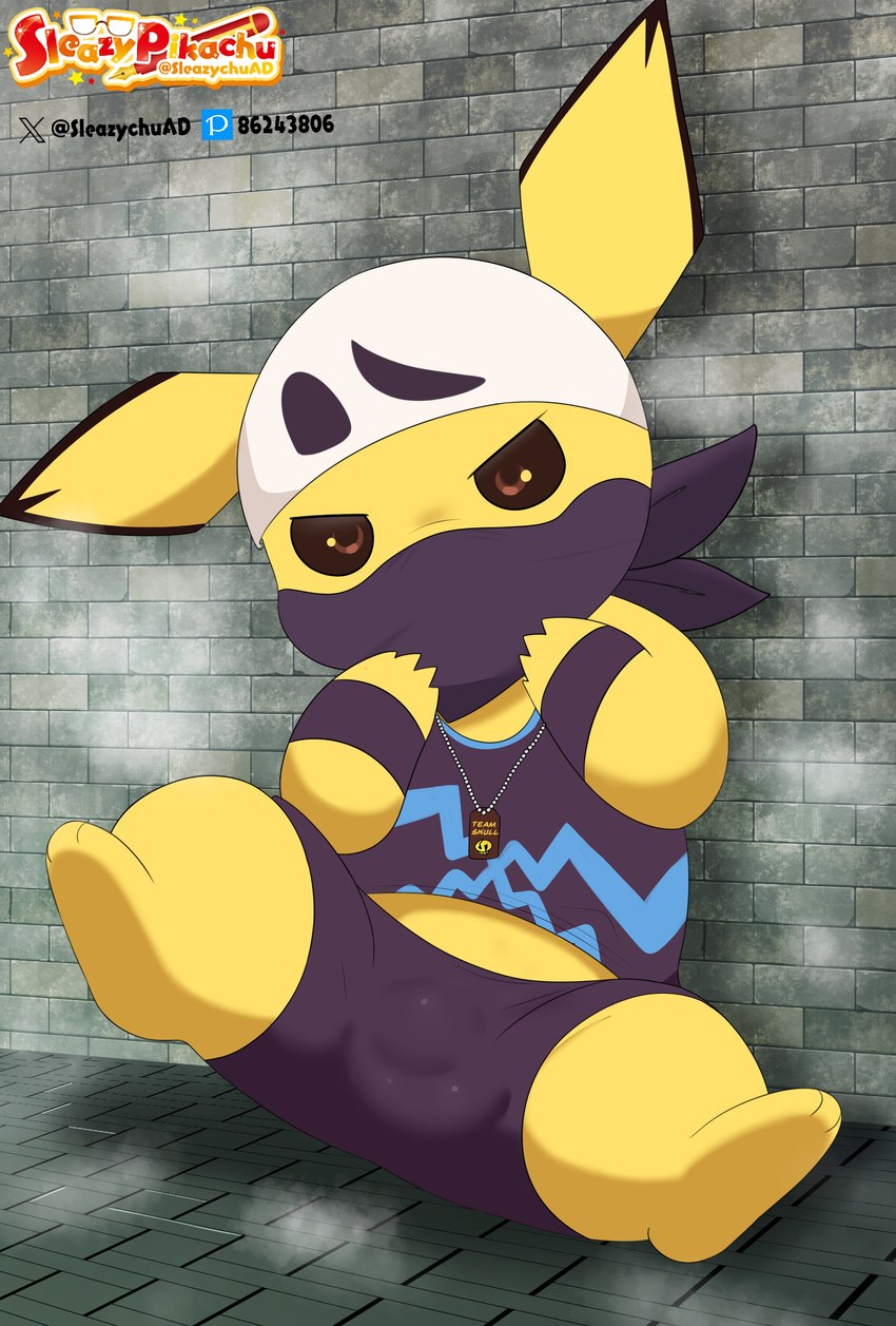 3_toes anthro bottomwear bulge clothed clothing detailed_bulge face_mask feet fully_clothed genital_outline jewelry kerchief logo male male_anthro necklace pants penis_outline pixiv_logo shirt solo spread_legs spreading toes topwear wristband x_logo yellow_body sleazychuad nintendo pixiv pokemon team_skull x_(social_media) generation_2_pokemon pichu pokemon_(species) 2025 absurd_res artist_logo digital_drawing_(artwork) digital_media_(artwork) hi_res