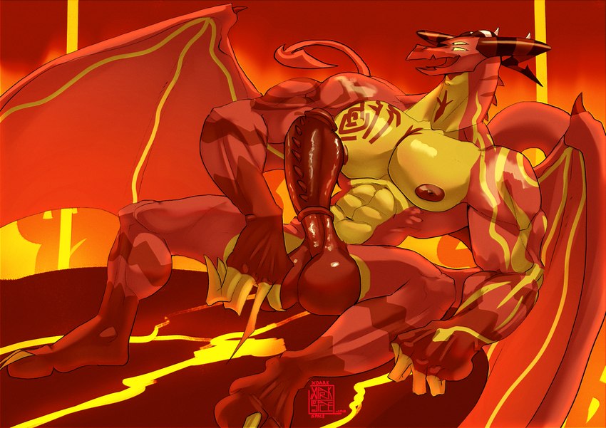 3_toes 4_eyes 4_fingers 4_horns abs anthro areola balls barazoku biceps big_balls big_muscles big_pecs big_penis big_wings biped claws demon_lord demonic detailed_background dorsal_ridge dragon_tail empty_eyes erection feet finger_claws fingers foreskin genitals glistening glistening_arms glistening_balls glistening_body glistening_genitalia glistening_penis glowing glowing_eyes hell horn huge_balls huge_penis humanoid_feet humanoid_genitalia humanoid_hands humanoid_penis hybrid_genitalia hybrid_penis lava leaning leaning_backward logo looking_at_viewer male manly medial_ring medial_ringed_humanoid_penis medial_ringed_hybrid_penis membrane_(anatomy) membranous_wings multi_eye multi_horn multicolored_body muscular muscular_anthro muscular_male neck_ridge nipples non-mammal_balls non-mammal_foreskin non-mammal_nipples nude nude_anthro nude_male on_ground open_mouth open_smile pecs penis plantigrade red_areola red_body red_nipples retracted_foreskin ridged_penis simple_background sitting sitting_on_ground smile snout solo spade_tail tail tattoo toe_claws toes two_tone_body wings yellow_body yellow_claws yellow_fingers yellow_sclera xdarkspace european_mythology hellaverse helluva_boss mythology satan_(helluva_boss) demon demon_dragon dragon mammal mythological_creature mythological_scalie scalie western_dragon winged_dragon 2024 artist_logo artist_name digital_media_(artwork) full-length_portrait hi_res portrait