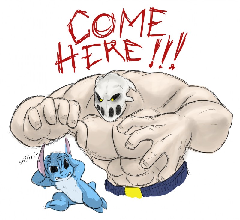 abs big_muscles black_eyes blue_hair clothed clothing duo glowing glowing_eyes goo-connected_lips hair male mask muscular muscular_male nude simple_background skull_mask text topless white_background mickeymonster disney lilo_and_stitch splatterhouse chopsuey_(thex-plotion) fan_character rick_taylor terror_mask alien experiment_(lilo_and_stitch) human mammal unknown_species english_text hi_res