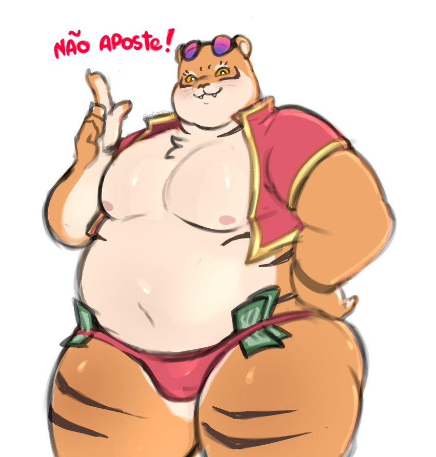 anthro belly clothed clothed_anthro clothed_male clothing eyewear glasses male male_anthro money moobs overweight overweight_anthro overweight_male red_clothing simple_background solo teeth text white_background shyybuchi fortune_tiger felid mammal pantherine tiger hi_res portuguese_description portuguese_text translated