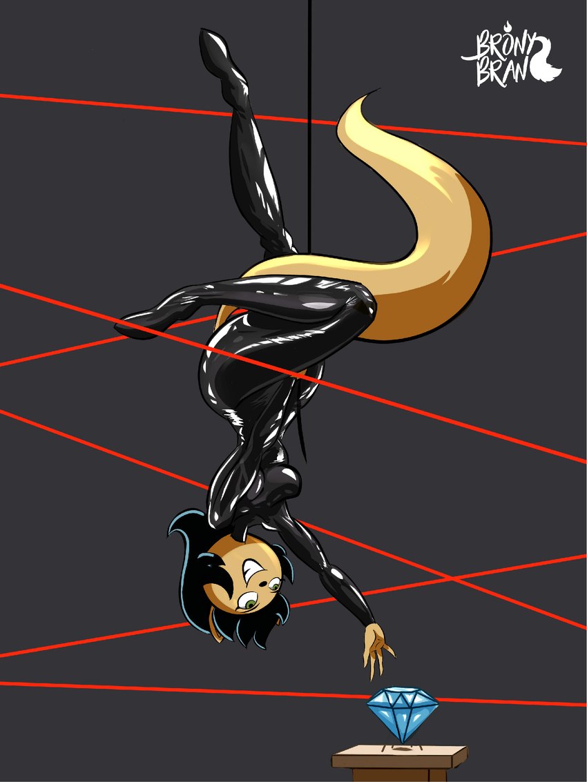 anthro black_clothing black_hair black_skinsuit bodysuit clothing diamond_(gem) female gem green_eyes hair hanging_upside_down laser laser_beam latex latex_clothing latex_skinsuit reaching_for_object rope_suspension skinsuit smile solo stealing tan_body thief tight_clothing upside_down bronybran nickelodeon t.u.f.f._puppy kitty_katswell domestic_cat felid feline felis mammal 2024 colored hi_res shaded signature