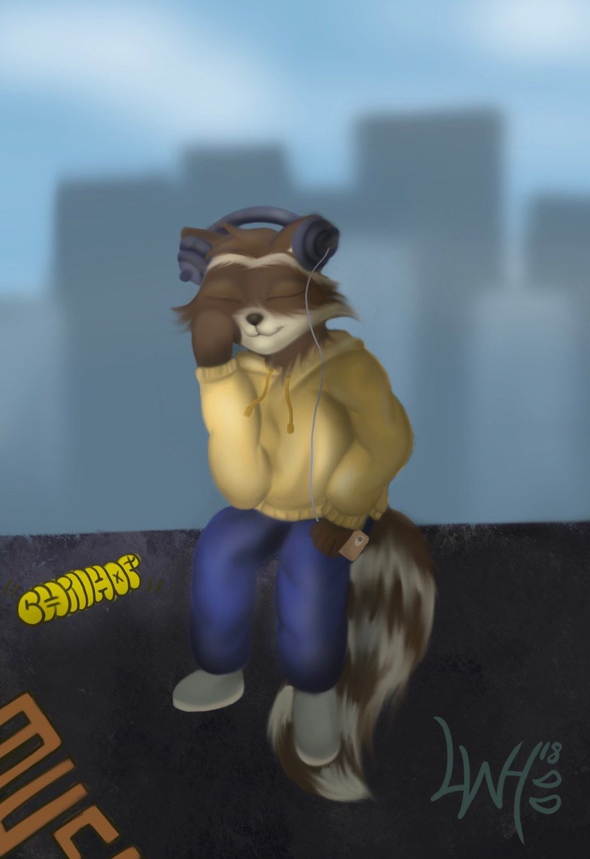 anthro arm_support black_nose bottomwear brown_body brown_fur city cityscape clothed clothing electronics eyes_closed fully_clothed fur graffiti headphones holding_object hoodie male markings multicolored_body multicolored_fur outside pants plantigrade resting_arm ring_(marking) sitting smile solo tan_body tan_fur topwear two_tone_body two_tone_fur wenqu0304 chillhop chillhop_raccoon mammal procyonid raccoon 2018 hi_res