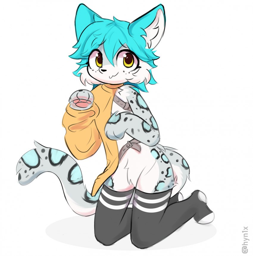 :3 anthro big_eyes biped clothed clothing crotch_tuft featureless_crotch femboy fur grey_body grey_fur hair harness inner_ear_fluff kneeling legwear looking_at_viewer male markings no_underwear pawpads paws simple_background slim small_waist smile smiling_at_viewer solo spots spotted_body spotted_fur tail thigh_highs topwear tuft hyn1x lapis_glacier felid mammal pantherine snow_leopard digital_drawing_(artwork) digital_media_(artwork) full-length_portrait hi_res portrait signature