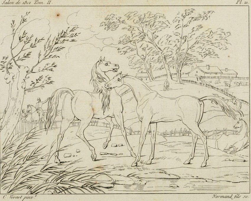 ambiguous_gender anus backsack balls duo_focus equine_anus feral genitals group hooves male mane plant quadruped raised_tail tail tail_anus tree charles_paul_landon public_domain equid equine horse human mammal 1812 19th_century 5:4 ancient_art hi_res monochrome traditional_media_(artwork)