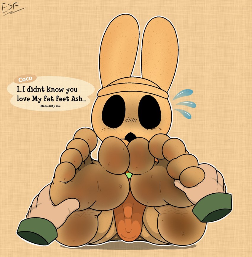 5_toes anthro barefoot brown_body clothed clothing dialogue dirty dirty_feet disembodied_hand duo feet female foot_fetish foot_focus foot_rub humanoid_feet plantigrade sitting soles solo_focus text toes electricsnowfox animal_crossing nintendo coco_(animal_crossing) gyroid lagomorph leporid mammal rabbit digital_media_(artwork) english_text hi_res