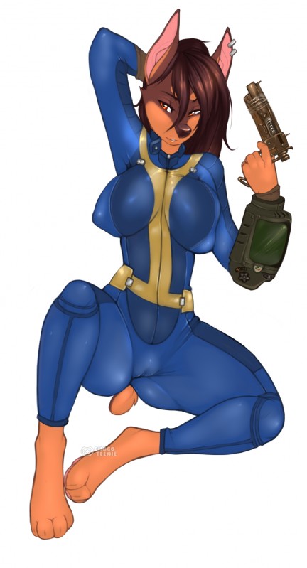 amber_eyes anthro biped bodysuit breasts brown_hair camel_toe clothed clothing ear_piercing female hair half-closed_eyes hand_behind_head jumpsuit looking_at_viewer narrowed_eyes nipple_outline piercing pip-boy pipe_gun simple_background sitting skinsuit solo tight_clothing vault_suit weapon white_background zamzi fallout microsoft tami_(poonani) canid canine canis dobermann domestic_dog mammal pinscher digital_media_(artwork) hi_res